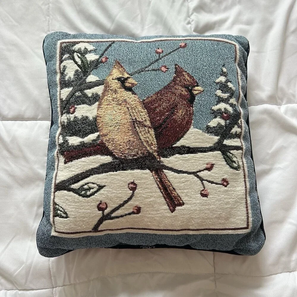 Vtg Cardinal Needlepoint‎ Accent Throw Pillow Winter Forest Blue Red Birds
